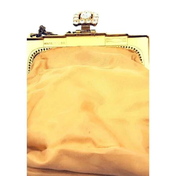 Whiting & Davis Vintage Bag Gold Mesh Evening Handbag With Rhinestone Clasp & Ch - Picture 7 of 10